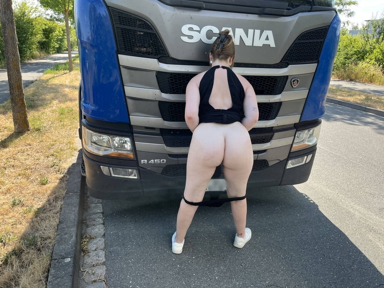 Crazy German Slut Exposes Her Big Ass & Tits by a Truck