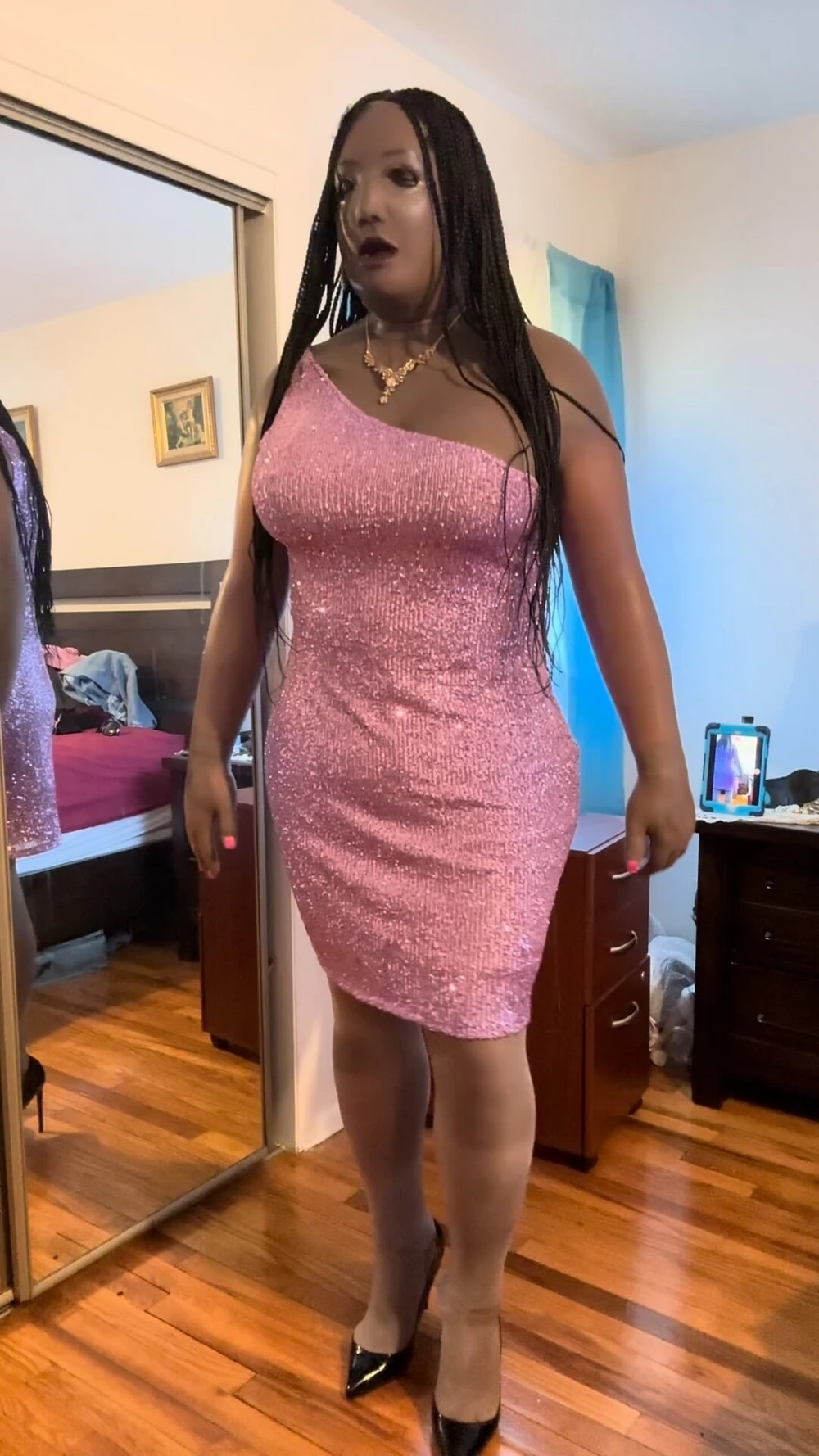 Danae in purple asymmetric glitter dress #4