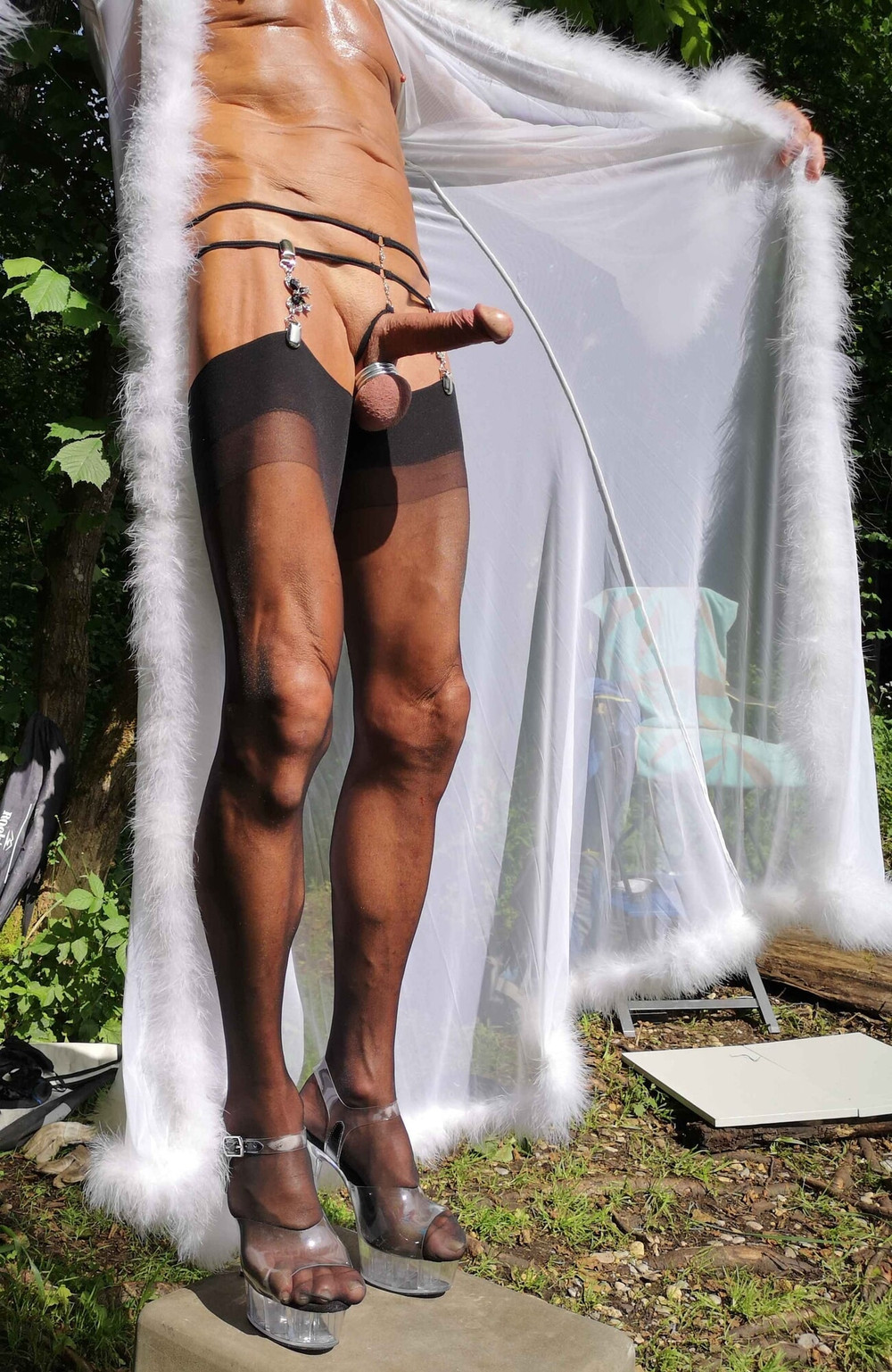 Boner and Marabou Negligee at public Nudist Lake #5