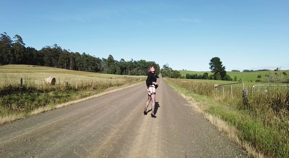 Crossdress Road trip- Rural road -Black Dress #29