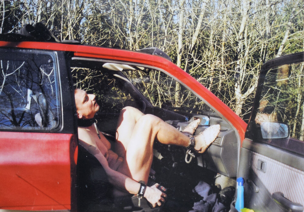naked Guy Outdoor in his Car ( Chain Slave ) public Space!