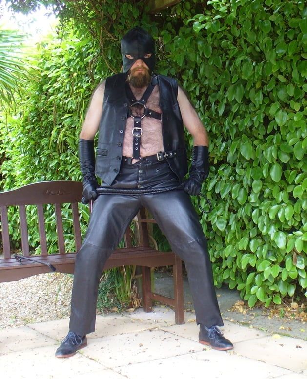 Leather Master outdoors in harness with whip #2