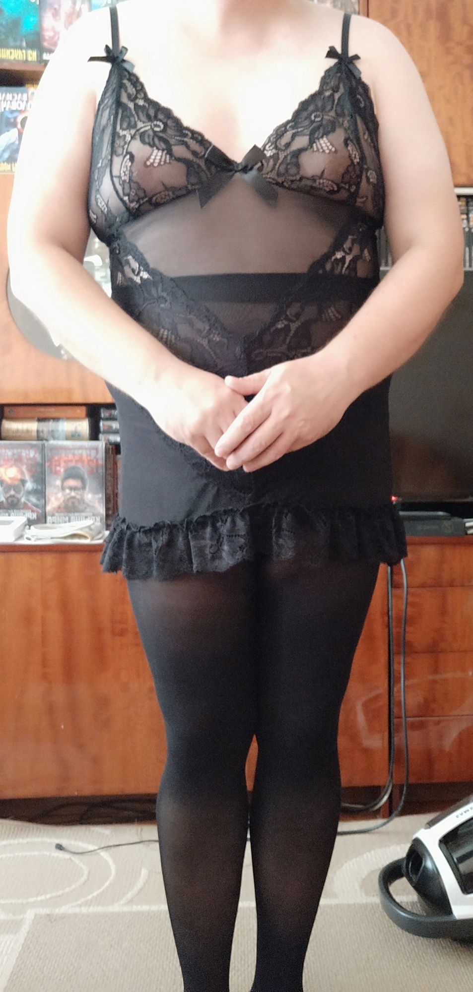 Sissy posing small tits in black nightwear #41