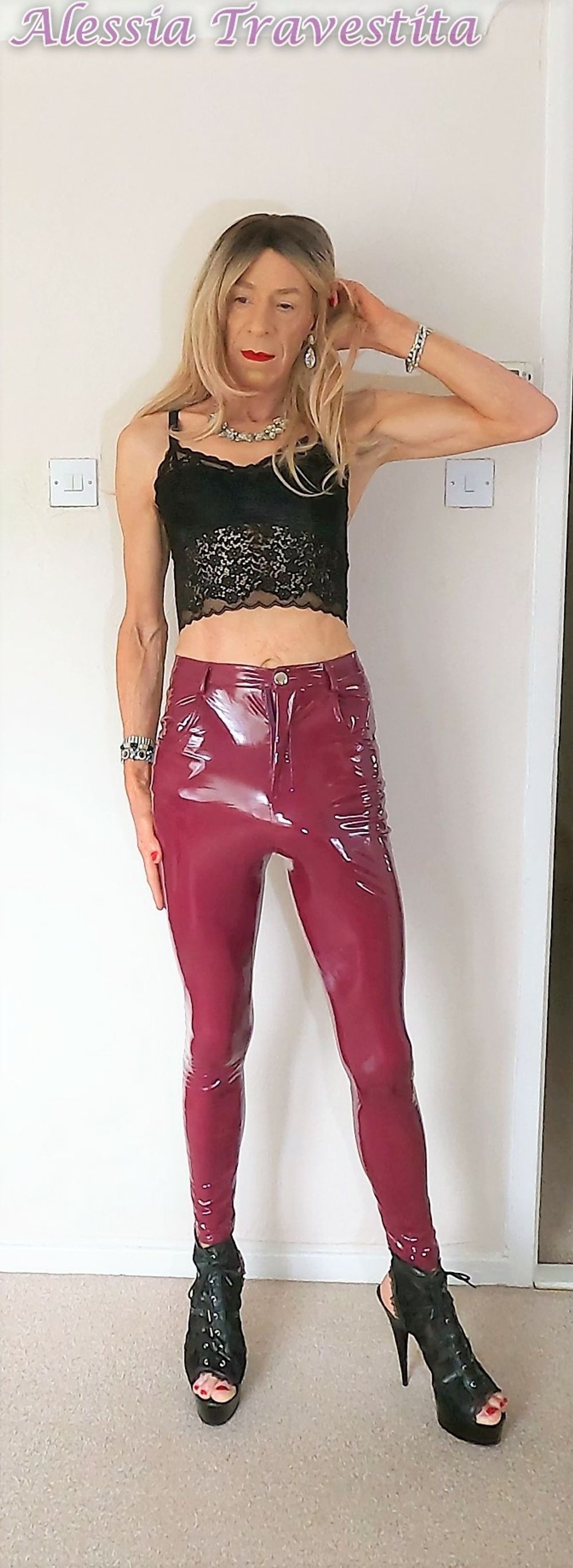 76 Alessia Travestita in Burgundy PVC Jeans