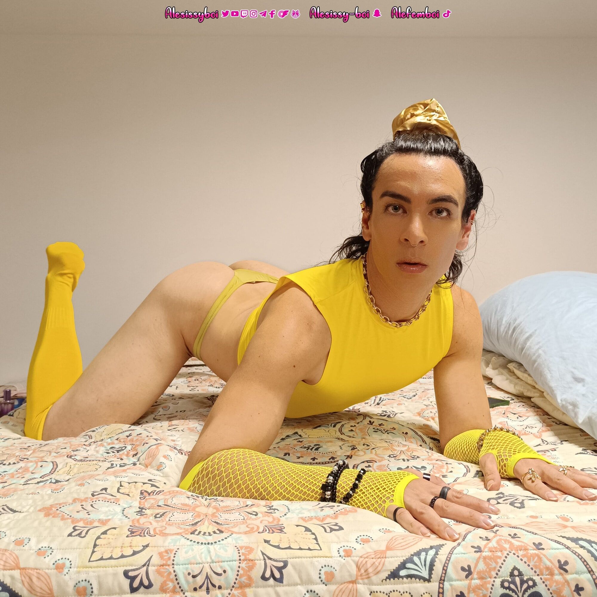 Sissyboi femboi  Yellow lingerie outfit #8