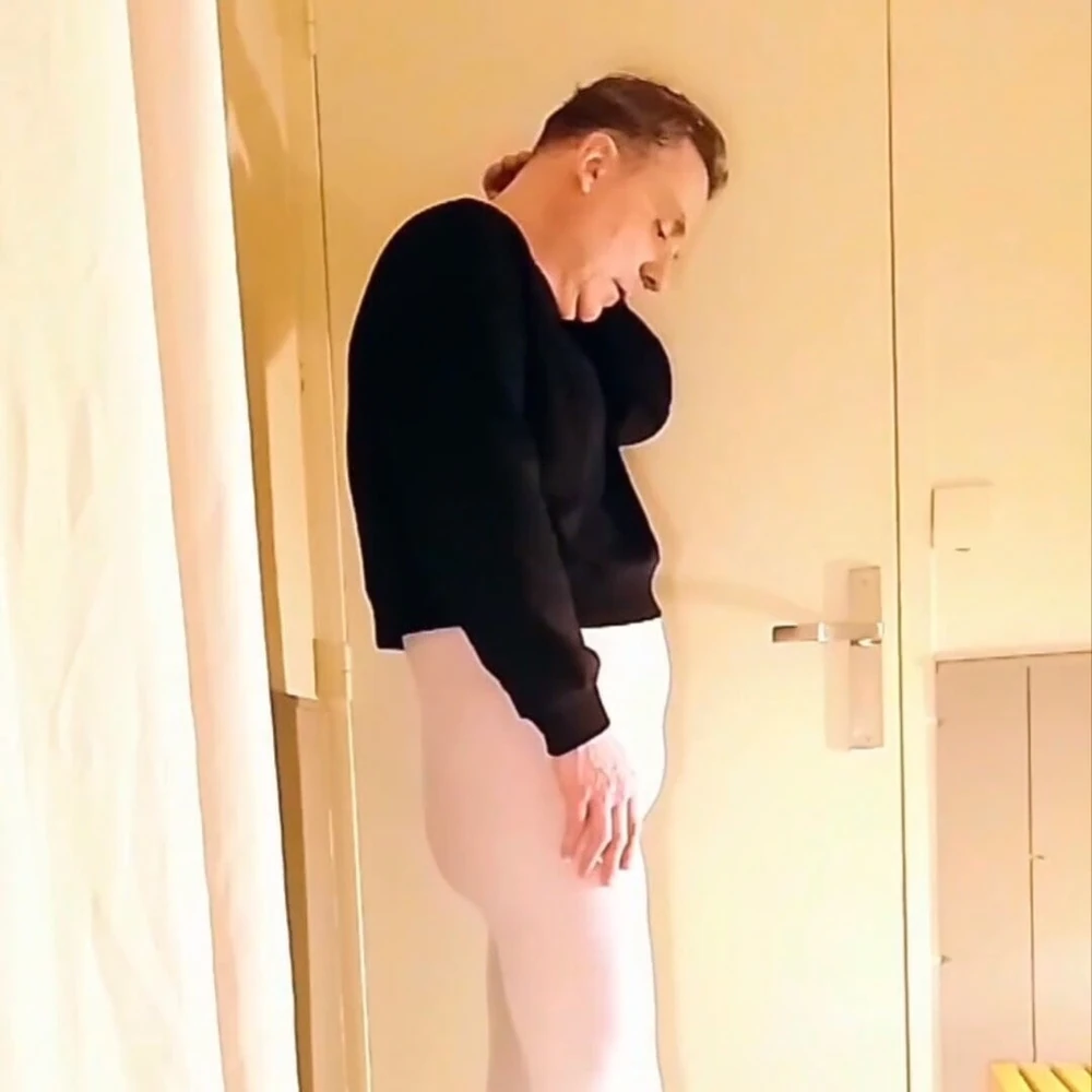 Cock stroking and anal play in white open pantyhose #5