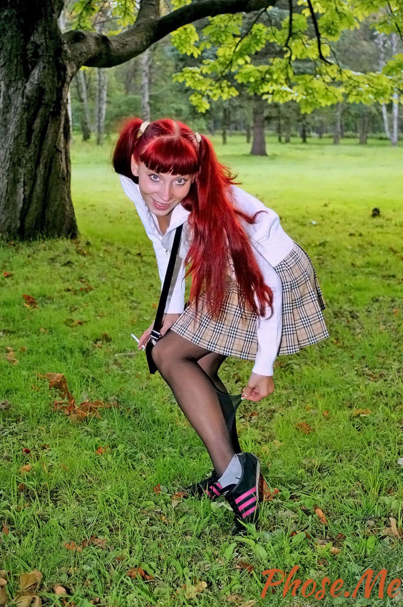 Redhead Outdoors In Plaid Skirt and Black Pantyhose #3
