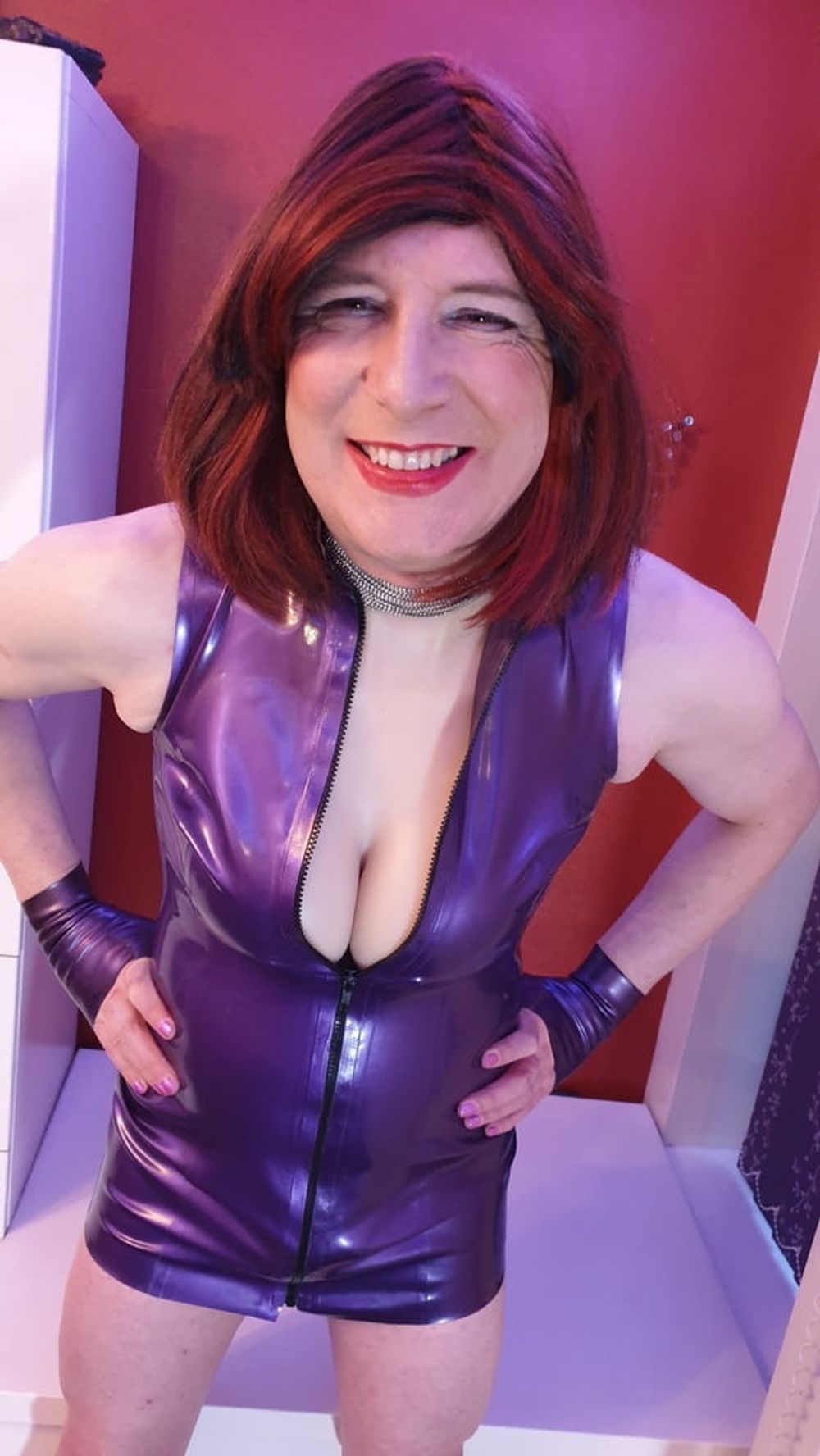 Big cock TGirl Lucy shows off fake tits in Latex mini dress #6