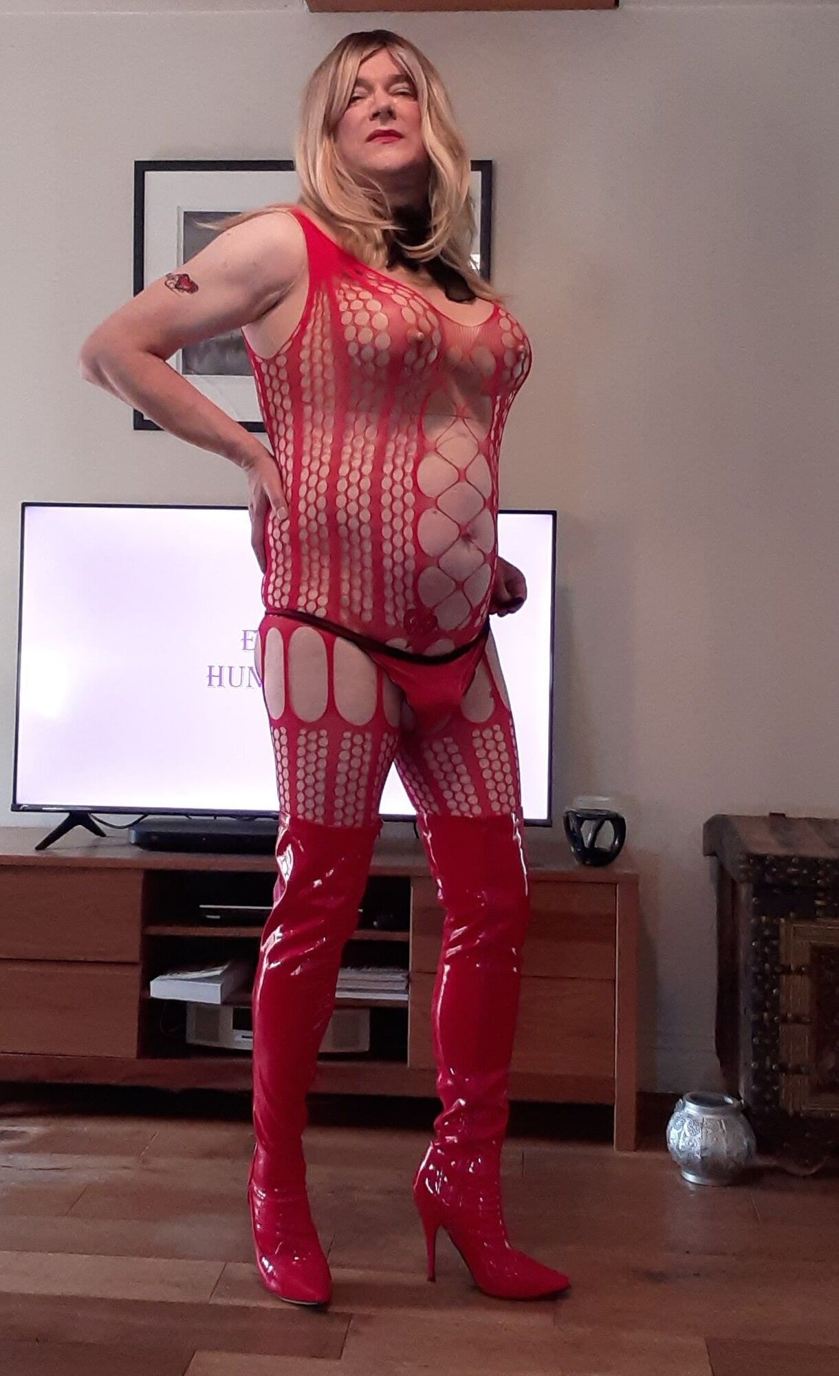 sissy in red lingerie and thigh boots #31