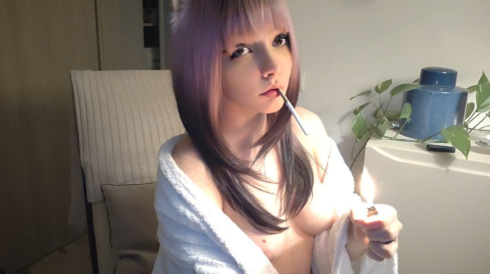 Small titties Egirl in bathrobe smoking #2