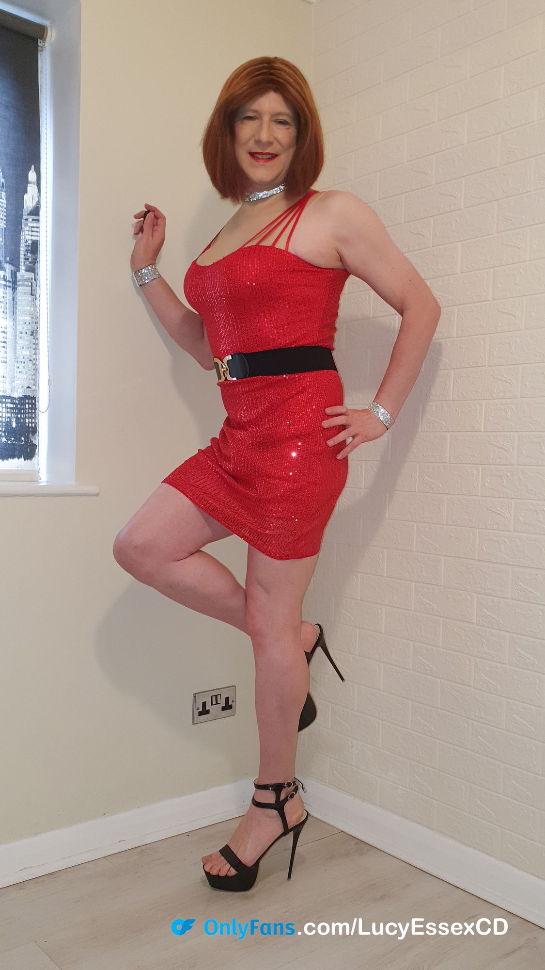Sissy Lucy flashing my knickers and cock in red sequin dress