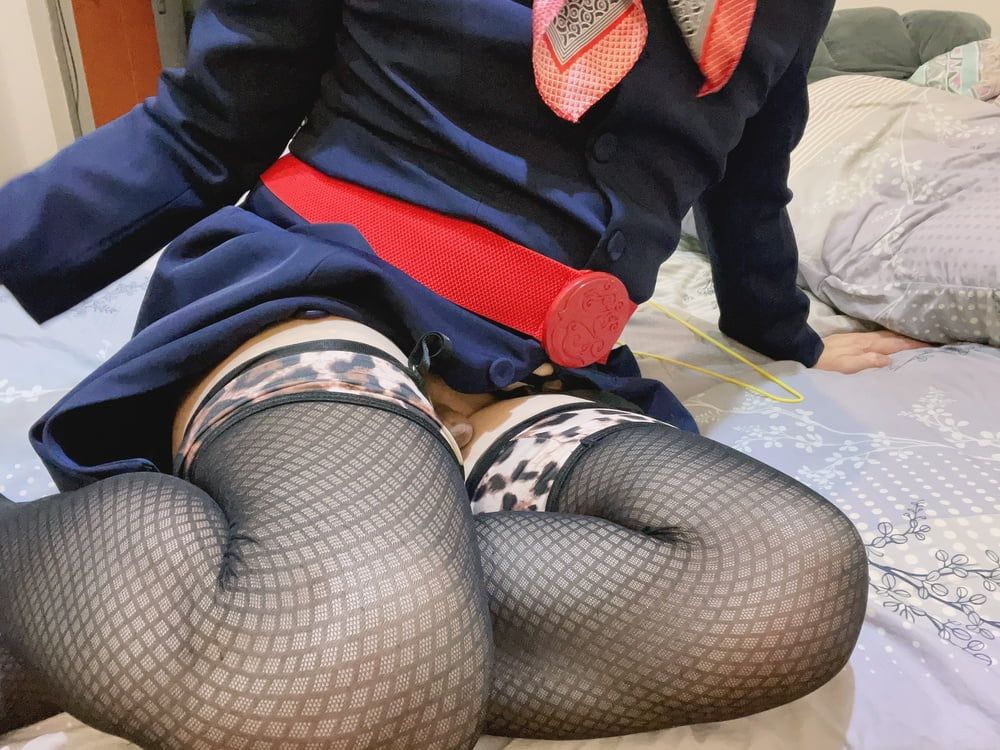 Asian sissy in flight attendant costume, leopard garter belt