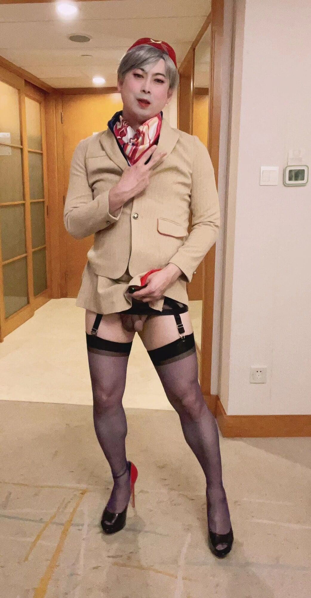Asian femboy sissy in Emirates Cabin Crew dress(P2) #7