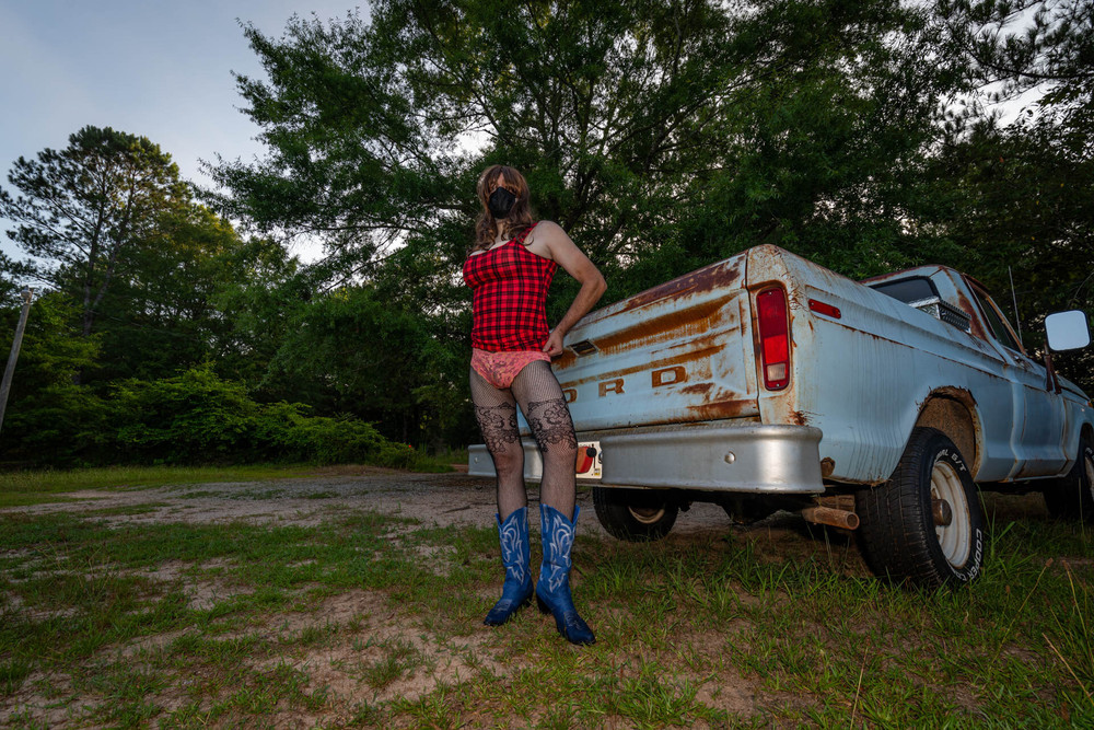 Jon Scarecrow Big Fake tits Crossdresser in Snug Plaid Dress #24