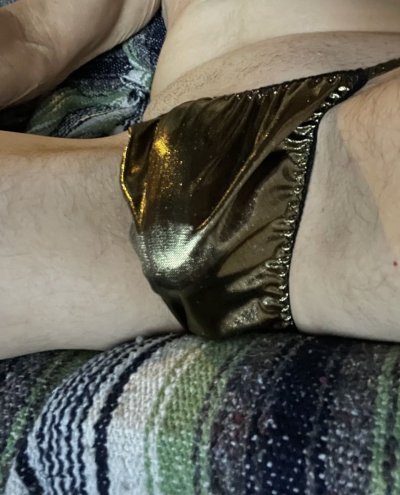 Hard cock in shiny gold panties #2