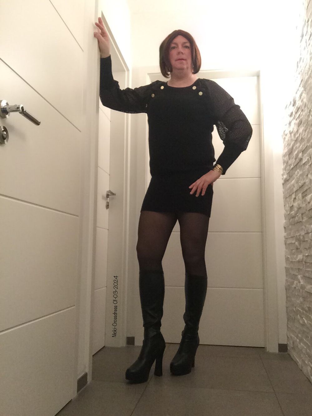 Nicki-Crossdress sexy black Mini-Dress, Tights &amp; Boots #3