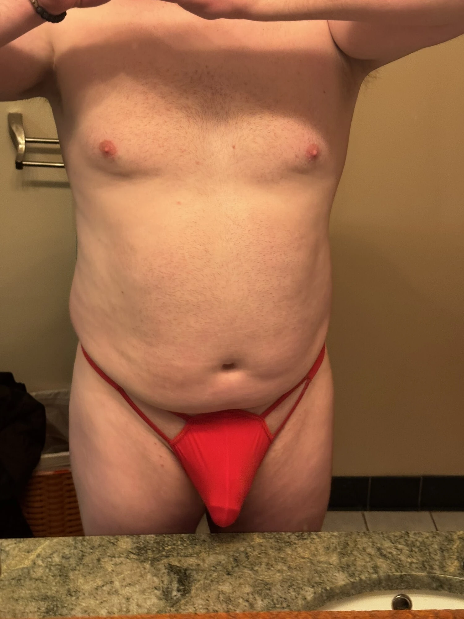 Fat man thong try on