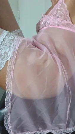 transparent pink nightie white stoking high heels         