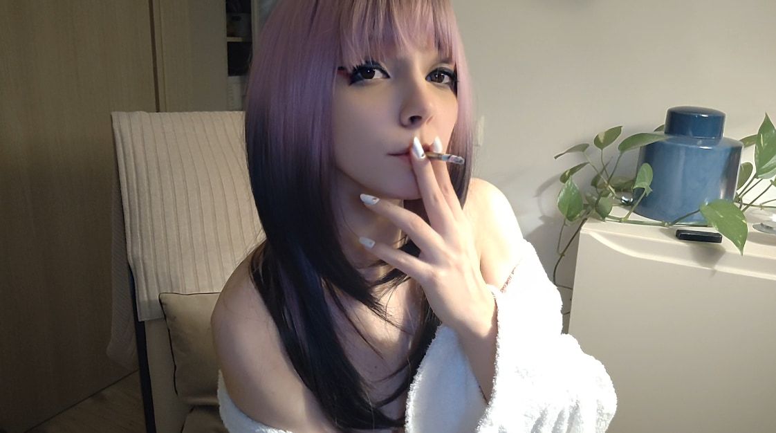 Small titties Egirl in bathrobe smoking #11
