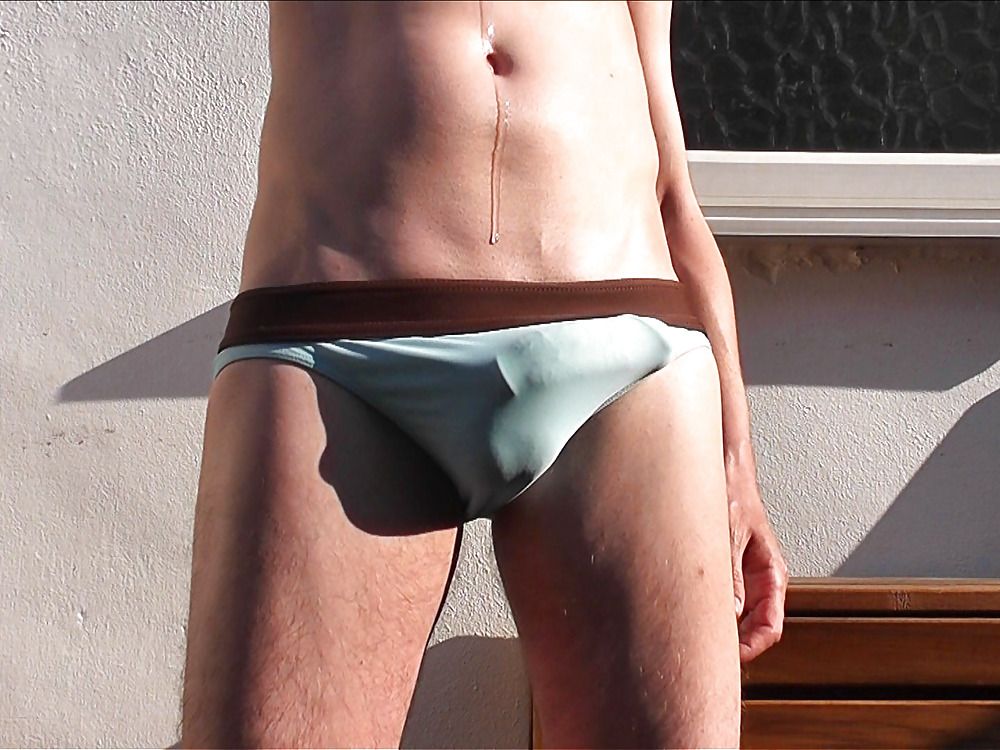 Bulging blue speedos and oily outdoor jerk and cum #12