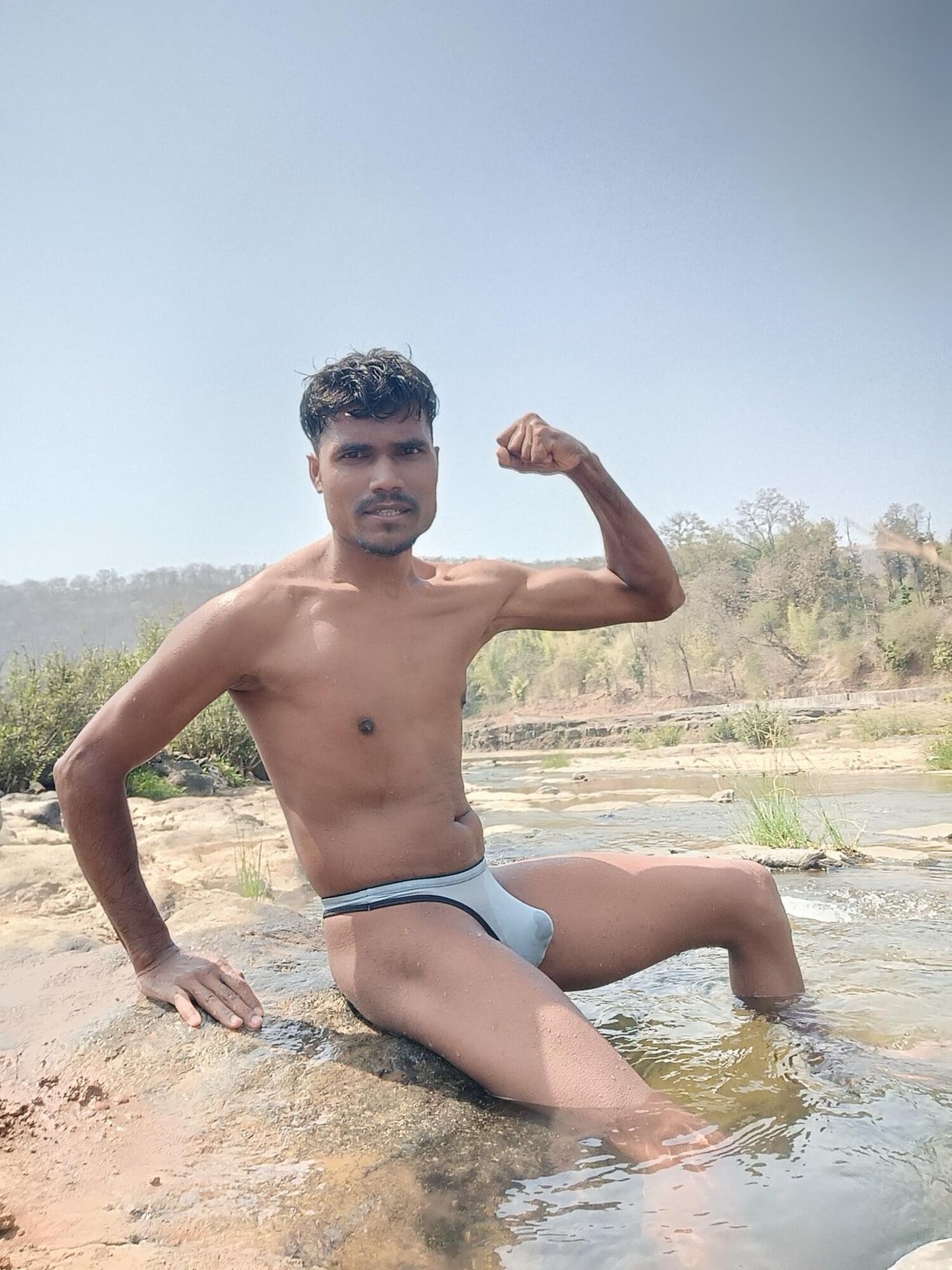 Hot muscular gym boy outdoor in river bathing enjoying swimm #7