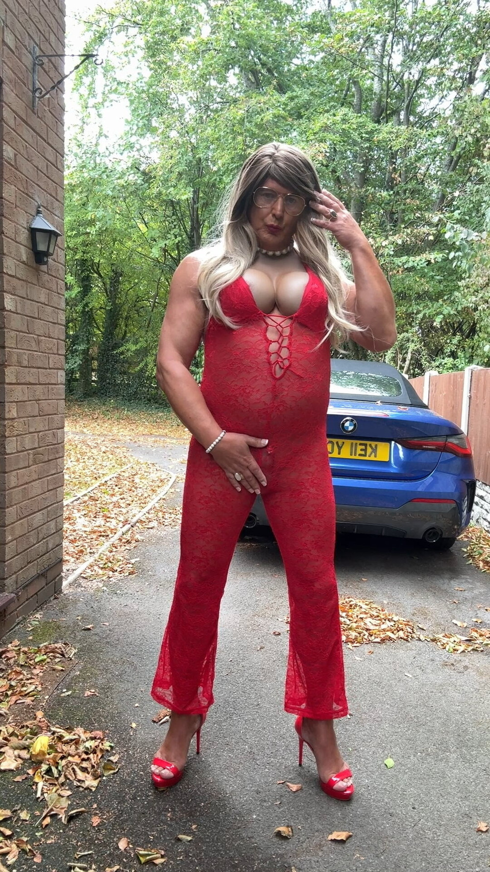Sexy Crossdresser kellycd2022 in red lace jumpsuit and heels #11