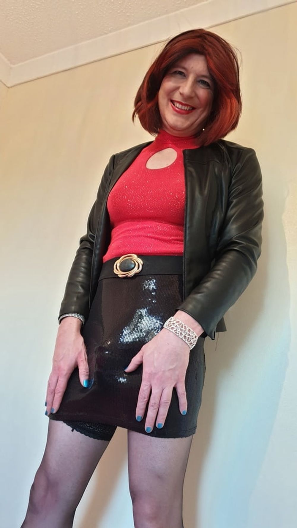 Leather jacket and pink sissy chastity for TGirl Lucy #41