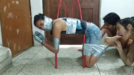 bent over for lesbian feet worship in bondage selfgags         