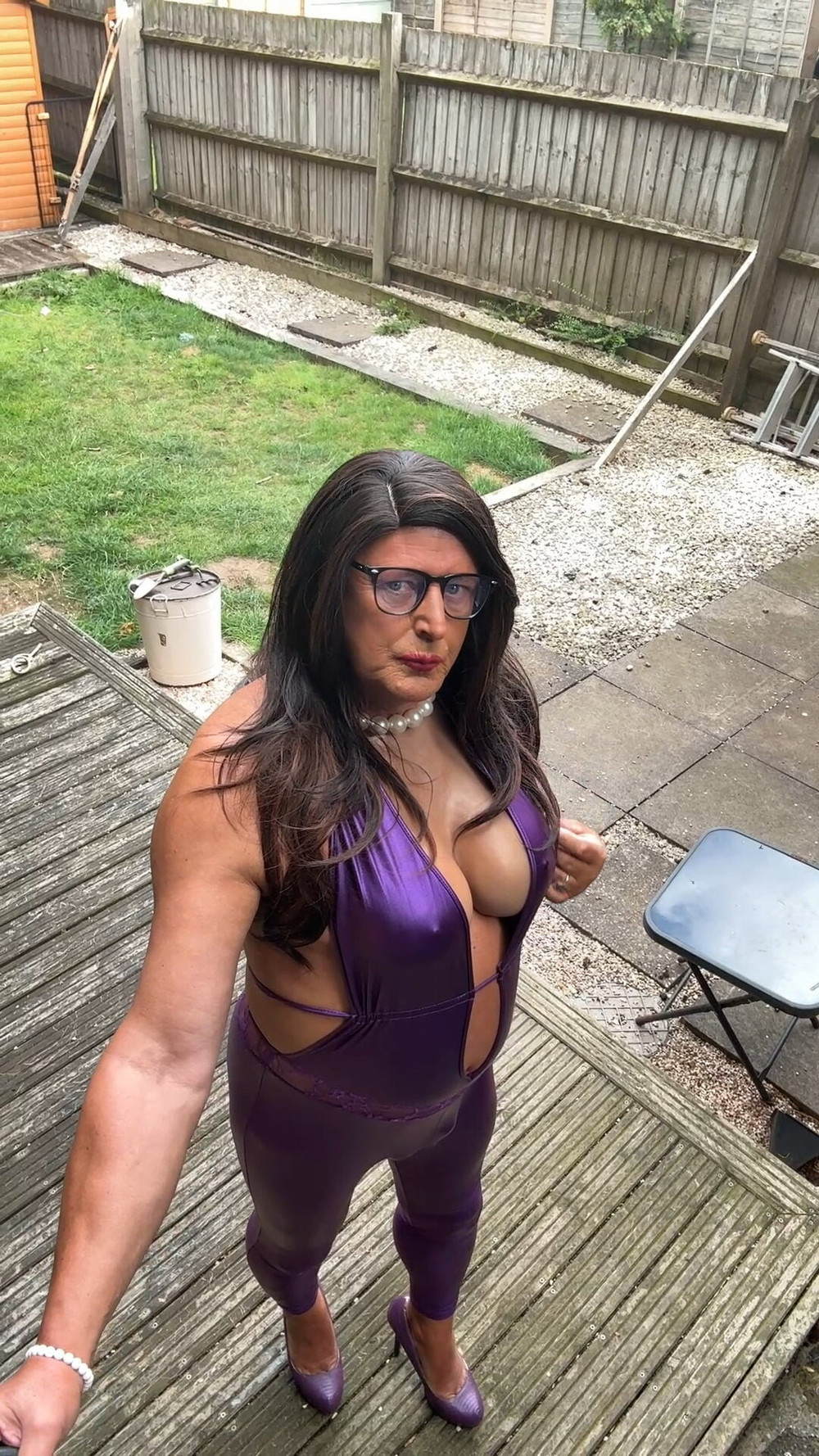 Sexy Crossdresser kellycd2022 in purple pvc catsuit and heel #8