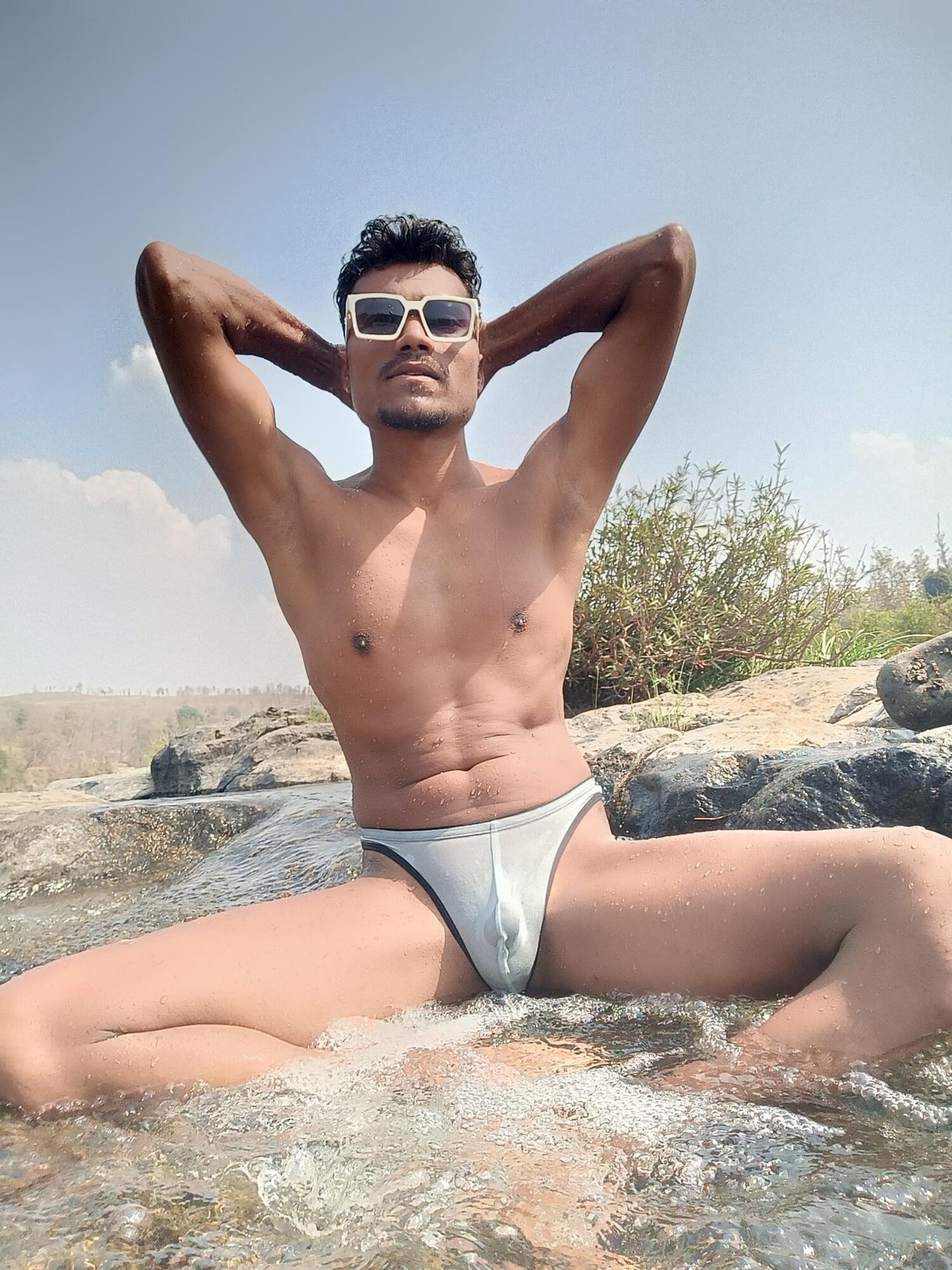 Hot muscular gym boy outdoor in river bathing enjoying swimm #44