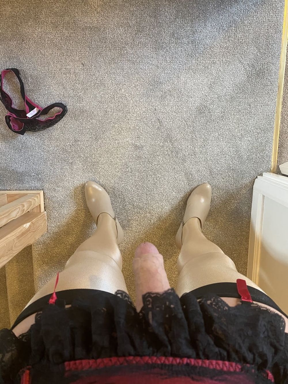 Sissy crossdresser wearing sexy lingerie & tan stockings #4