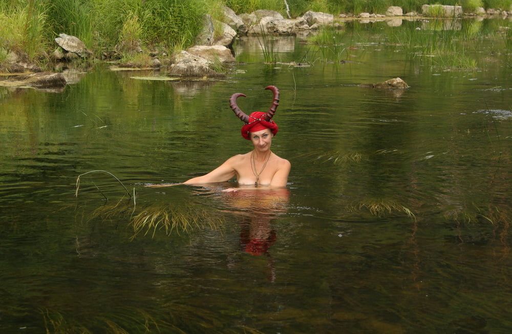 With Horns In Red Dress In Shallow River #27