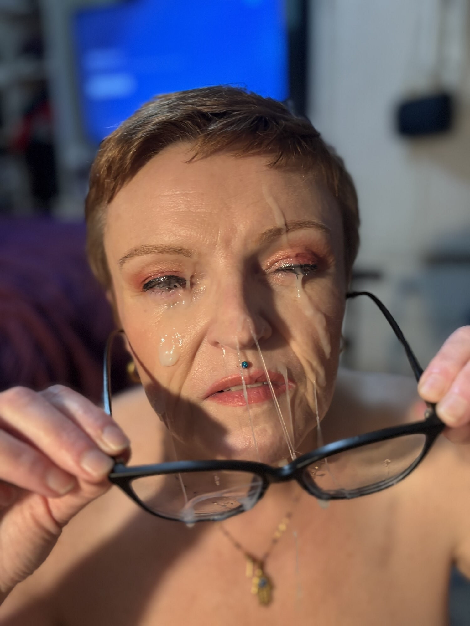 Busty Redhead Gets Cum all over her glasses 