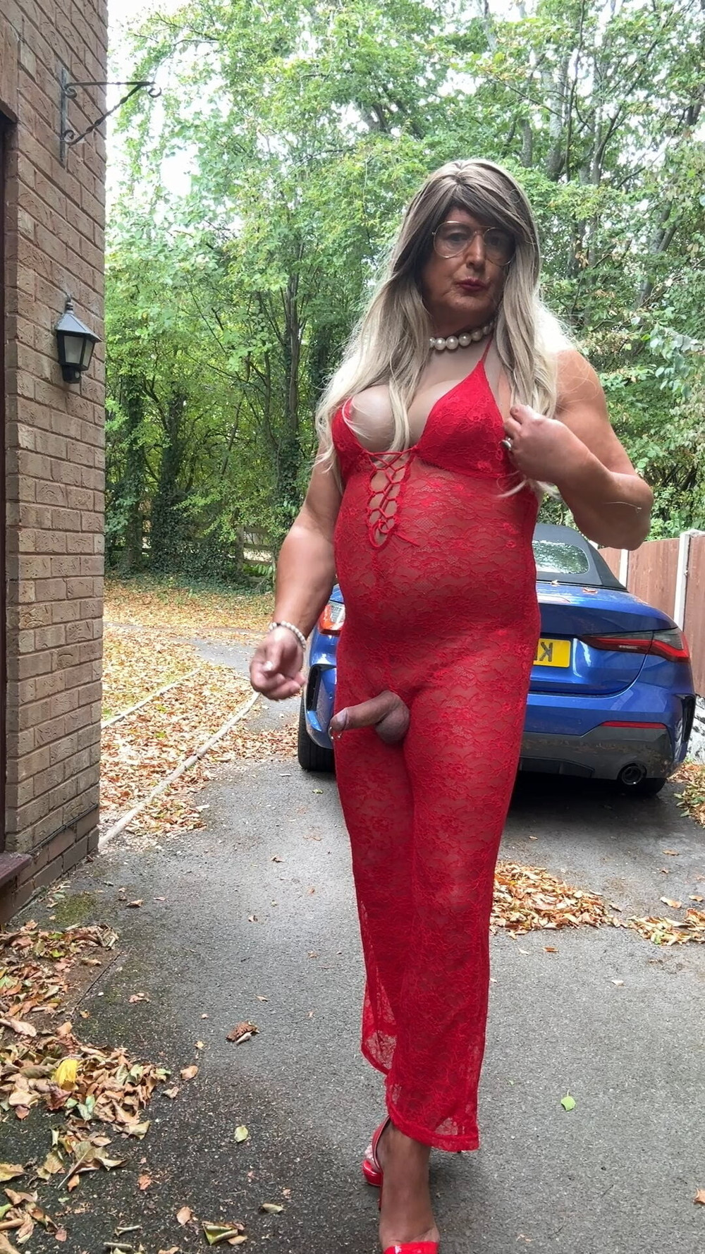 Sexy Crossdresser kellycd2022 in red lace jumpsuit and heels #45
