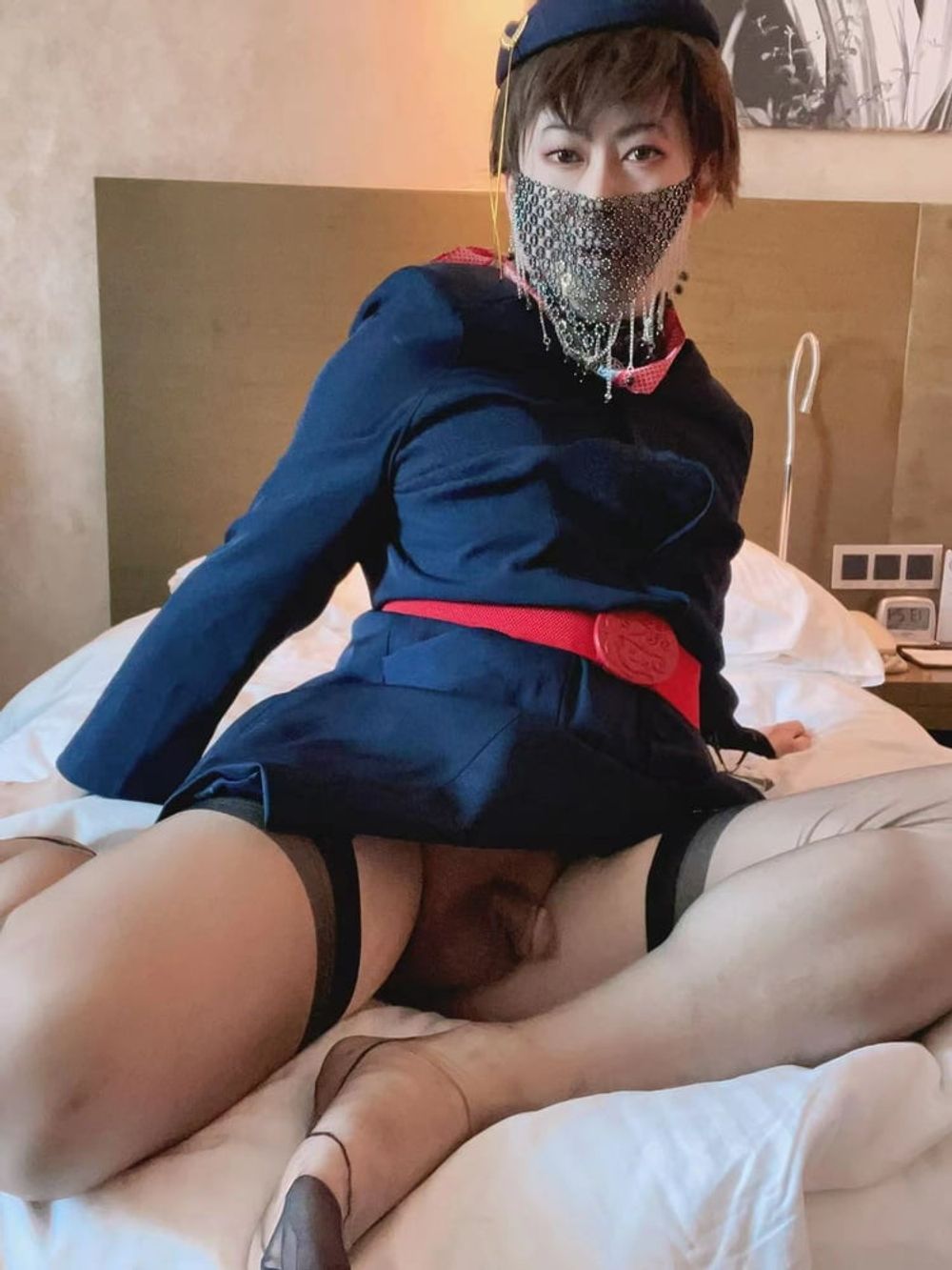 Asian sissy slut in flight attendant dress and stockings #2