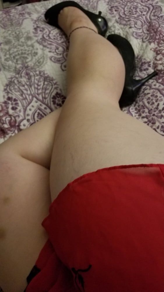 Naughty housewife tease black heels and red lingerie. Milf #19
