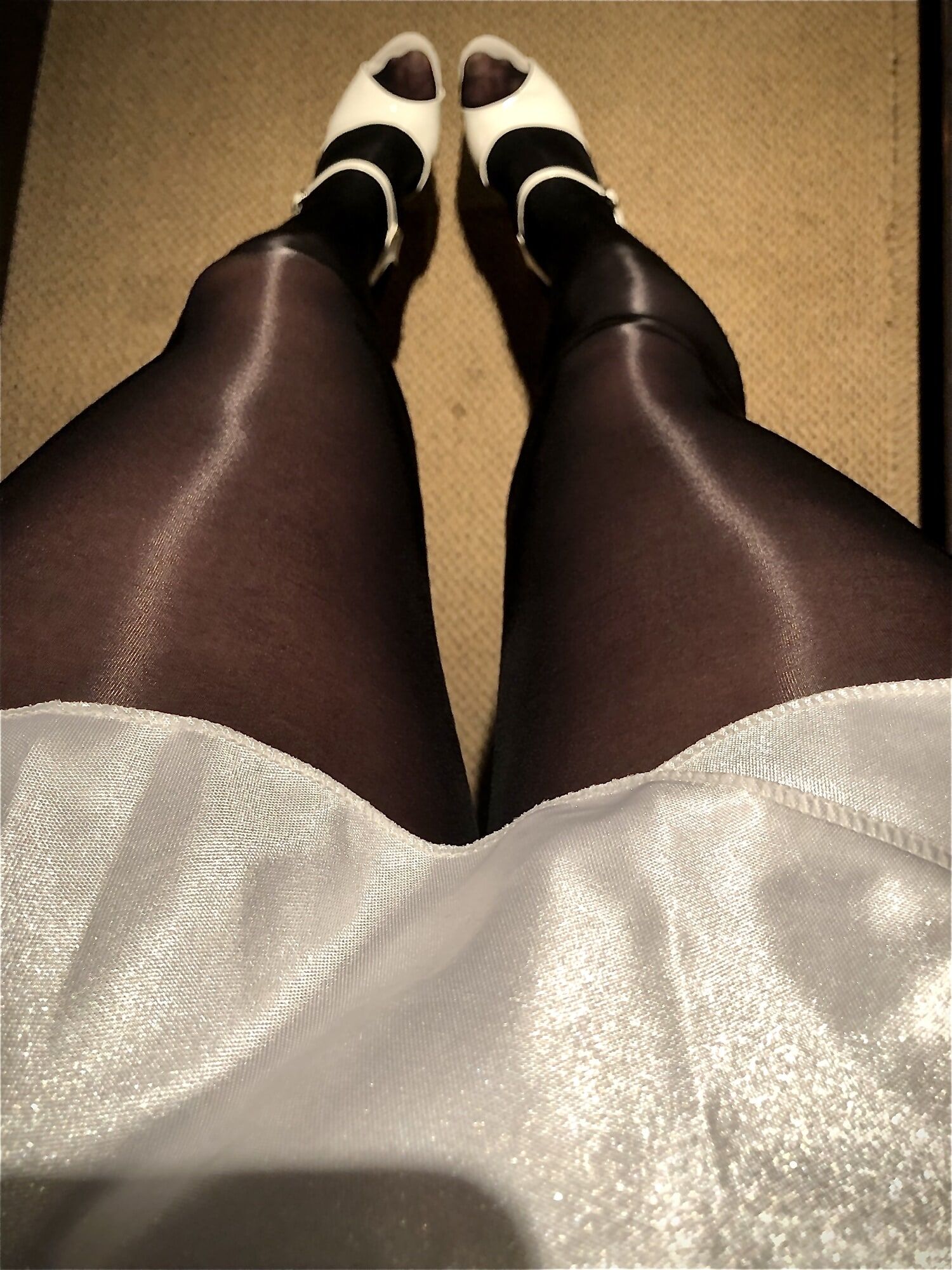 My shiny sheer glossy black pantyhose and white super heels #3