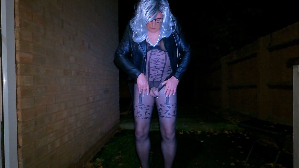 Crossdresser Kellycd masturbating in black bodysuit outdoor  #30