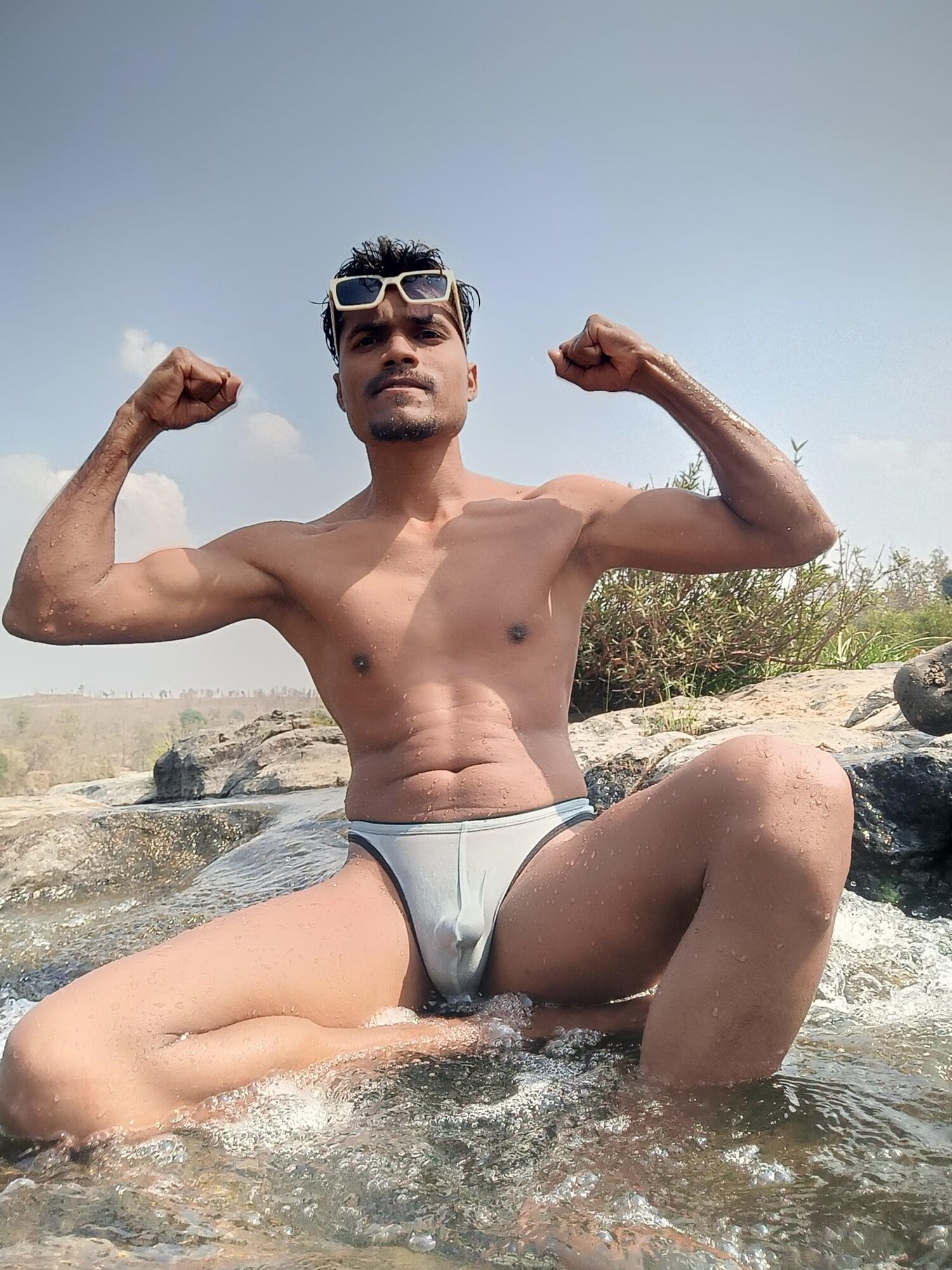 Hot muscular gym boy outdoor in river bathing enjoying swimm #47