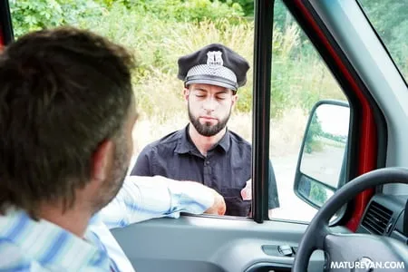 officer pulls the maturevan over         