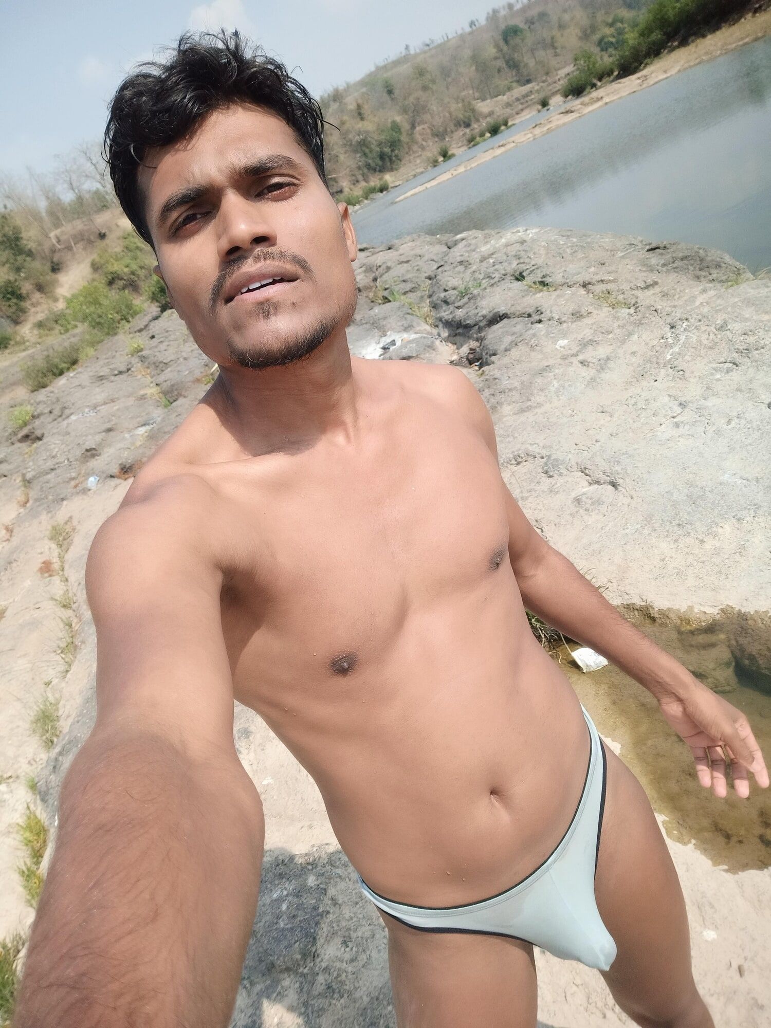 Hot muscular gym boy outdoor in river bathing enjoying swimm #56