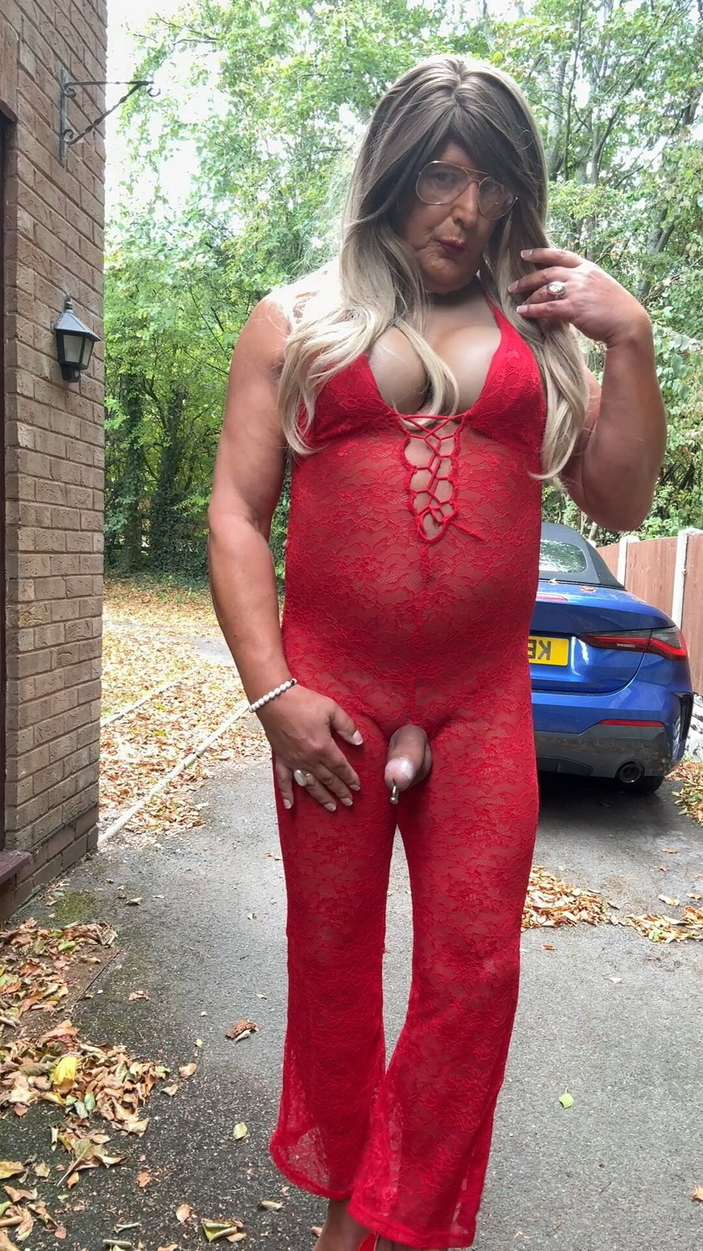 Sexy Crossdresser kellycd2022 in red lace jumpsuit and heels #43