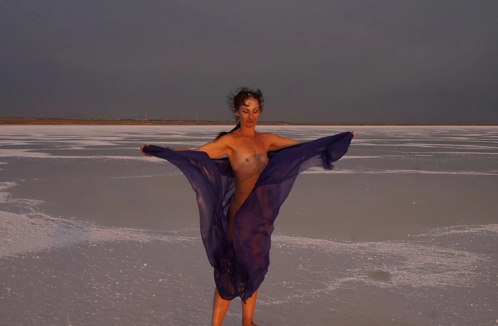 On Sunset-Light with DeepBlue Shawl on Salt- Lake #3