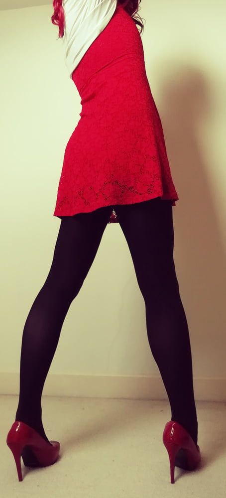 Marie crossdresser in red dress and opaque tights #7