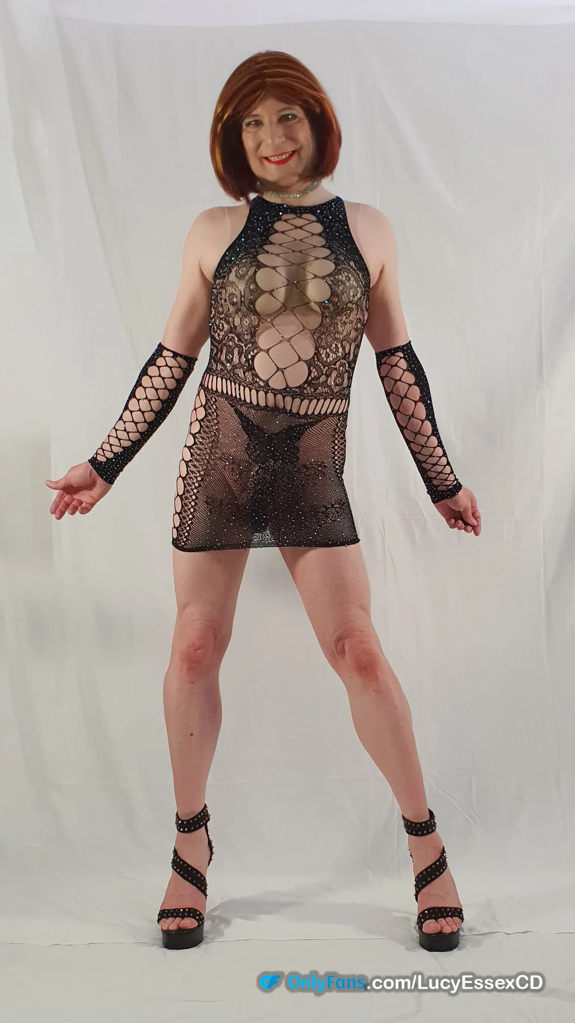 Sexy big cock crossdresser Lucy Essex posing in mesh dress #2