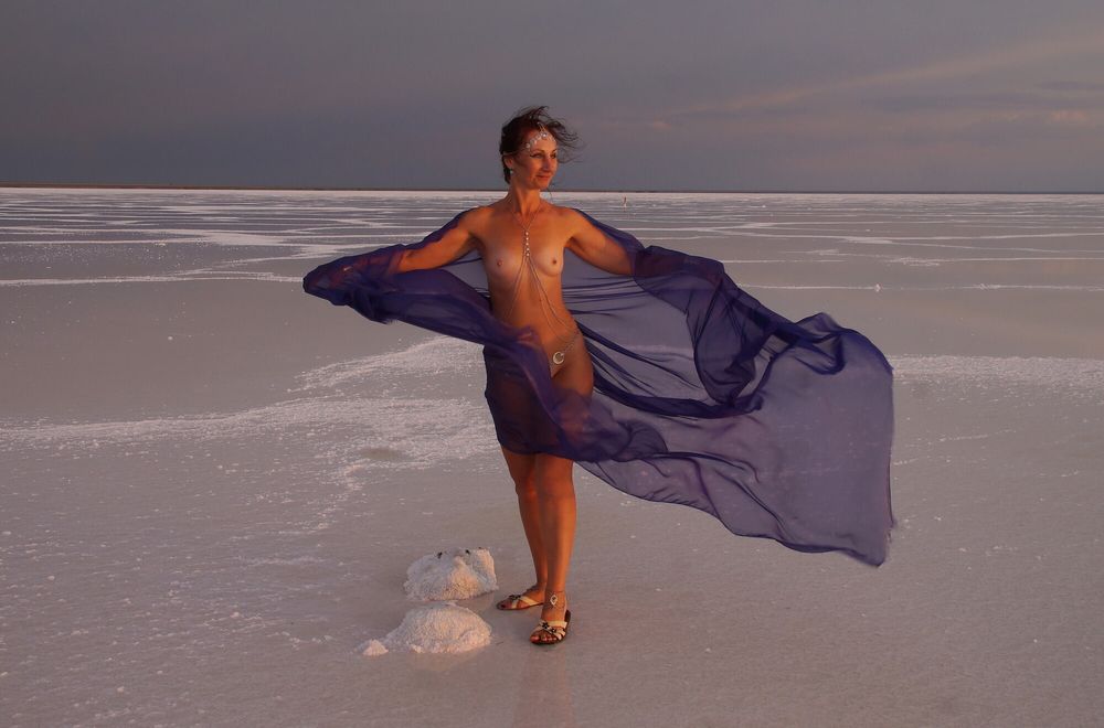 On Sunset-Light with DeepBlue Shawl on Salt- Lake #35