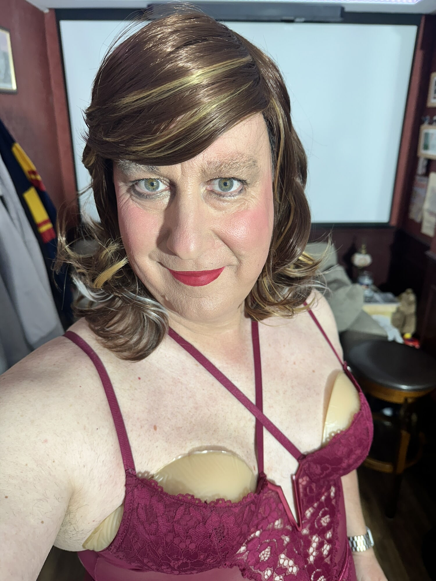 Crossdresser wearing red Sexy Lingerie & Black Stockings