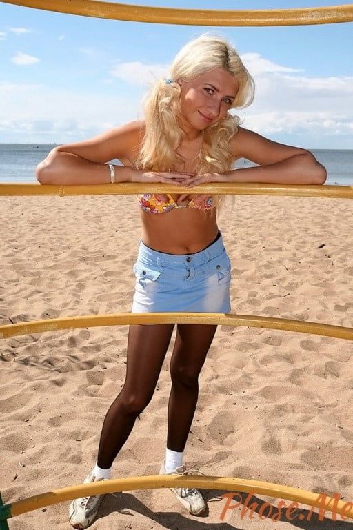 Blonde At The Beach In Jean Skirt, Black Pantyhose #2