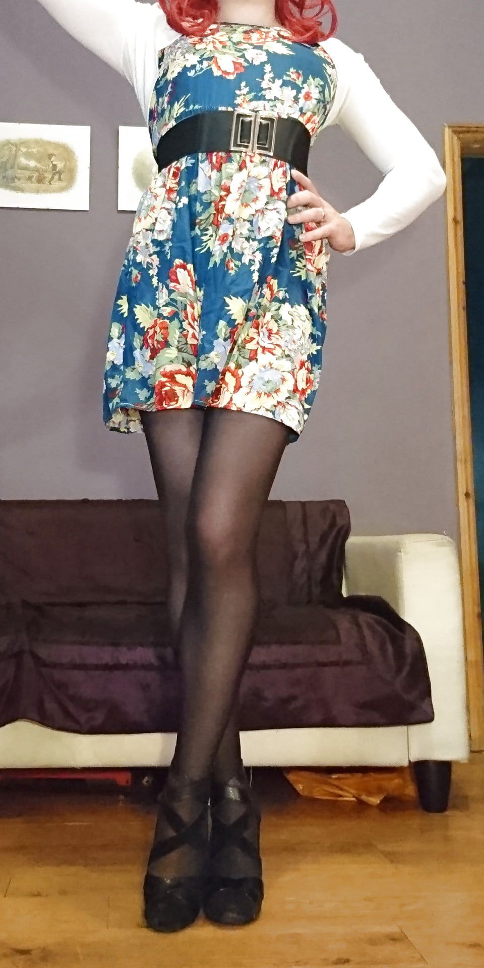 Marie crossdresser in opaque pantyhose and floral dress #2