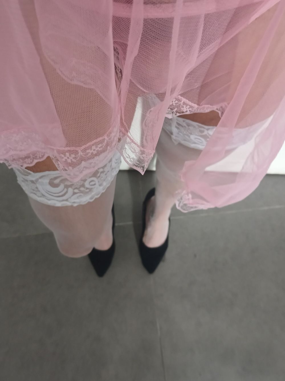 Transparent Pink nightie &amp;white stoking high heels  #6